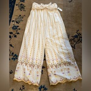 Anthropologie Cream Eyelet Wide-Leg Jumpsuit with Yellow & Pink Embroidery